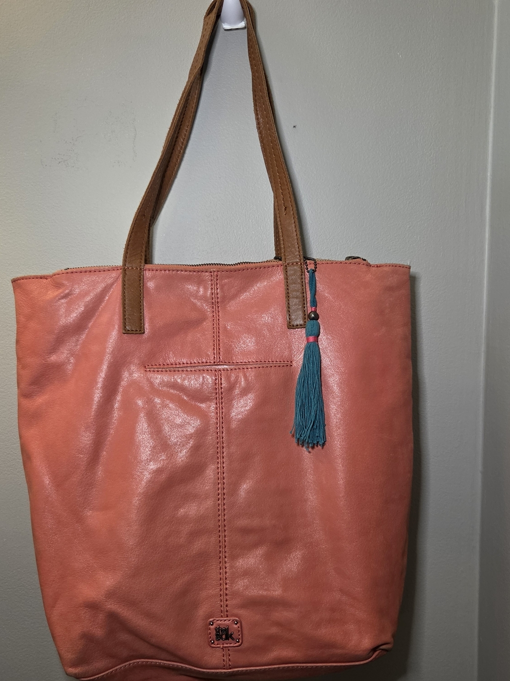 The Sak Leather Reversible Coral Tote Bag With Tassel